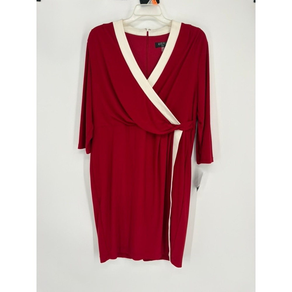 Kasper‎ Dress Womens 2X Red Cream Faux Wrap V-Neck 3/4 Sleeve Sheath Career Work